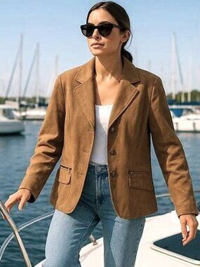 Conrad C Proportion Petite Womens Faux Suede Blazer Jacket Sz 12 Brown Coat Y2K
